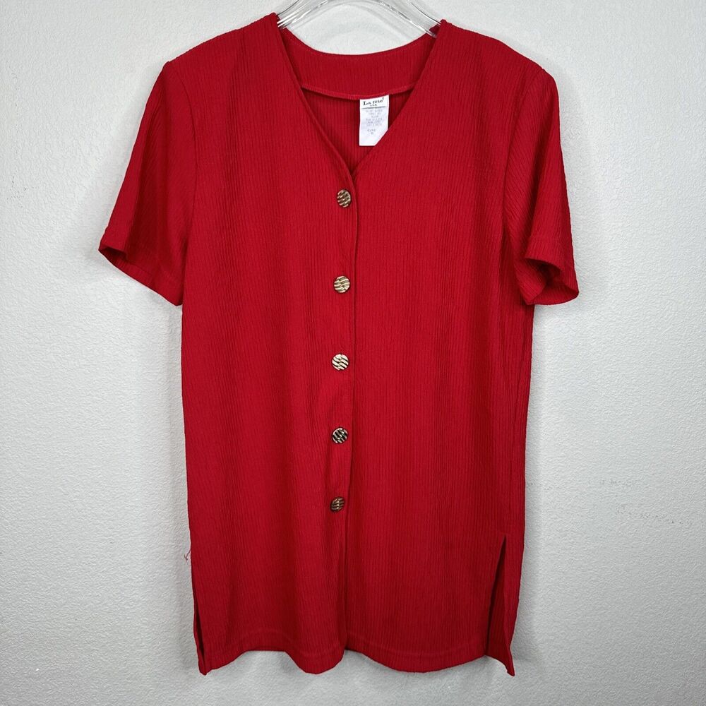 La Fete Blouse Medium Cherry Red Button Front Vintage 90s 80s‎ Mob Wife Gold